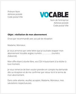 la lettre pour resilier un abonnement vocable