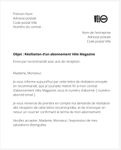 La résiliation d'un abonnement Vélo Magazine