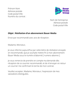 La lettre de résiliation d'un abonnement Bauer Media