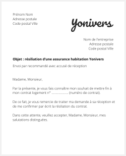 Lettre pour stopper un contrat habitation Yonivers