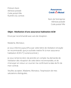 lettre pour resilier une assurance logement acm