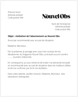 la lettre pour resilier un abonnement nouvel obs