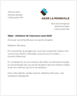 lettre resiliation assurance auto ag2r