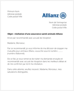 lettre resiliation assurance sante animaux allianz