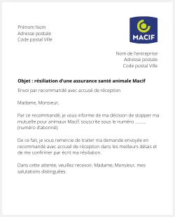 lettre resiliation assurance animaux macif