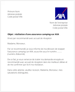 lettre resiliation assurance camping car AXA