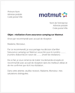 lettre resiliation assurance camping car matmut