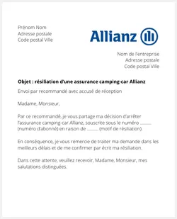 lettre resiliation assurance camping car allianz