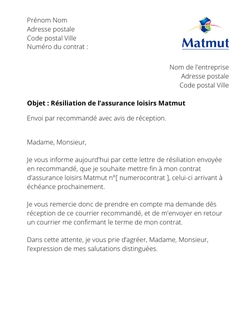 la lettre pour resilier une assurance loisirs matmut