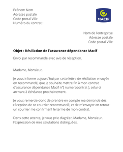 la lettre pour resilier une assurance dependance macif