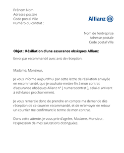 la lettre pour resilier une assurance obseques allianz