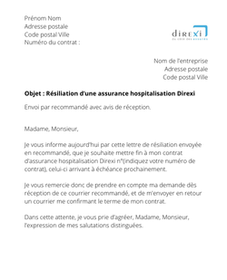 la lettre pour resilier une garantie hospitalisation direxi