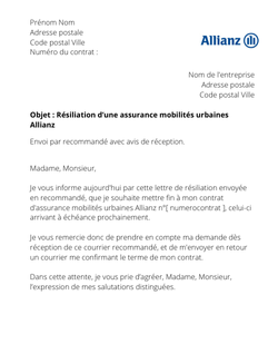 la lettre pour resilier une assurance mobilites urbaines allianz